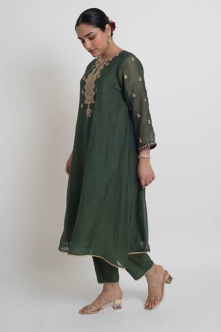 Sinjhar_Green Chanderi, Cotton, , Organza Embroidery, Kurta, Pant And Dupatta Set _Online_at_Aza_Fashions