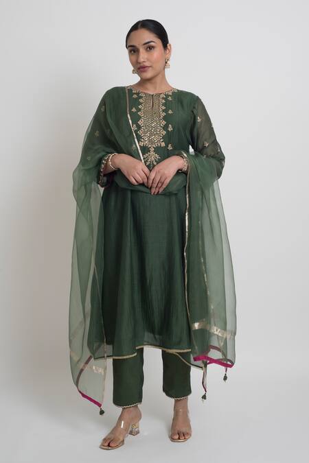 Shop_Sinjhar_Green Chanderi, Cotton, , Organza Embroidery, Kurta, Pant And Dupatta Set _Online_at_Aza_Fashions