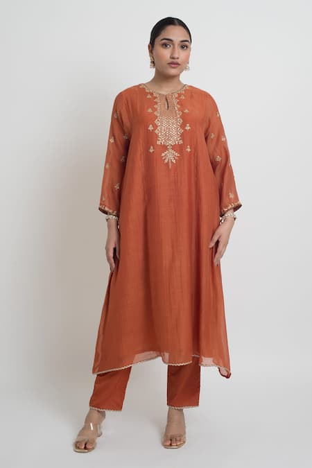 Buy_Sinjhar_Rust Chanderi, Silk Organza Embroidery, Zari, Foil Kurta, Pant And Dupatta Set _Online_at_Aza_Fashions
