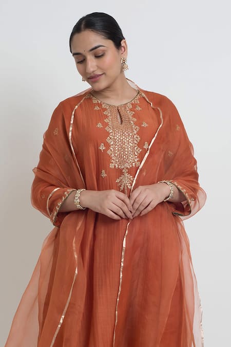 Shop_Sinjhar_Rust Chanderi, Silk Organza Embroidery, Zari, Foil Kurta, Pant And Dupatta Set _Online_at_Aza_Fashions