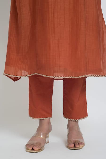 Sinjhar_Rust Chanderi, Silk Organza Embroidery, Zari, Foil Kurta, Pant And Dupatta Set _at_Aza_Fashions