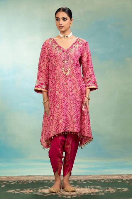 Shop_Swati Wadhwani Couture_Purple Tissue, Chanderi Bandhani Dori Work Kurta And Dhoti Set With Dupatta _Online_at_Aza_Fashions