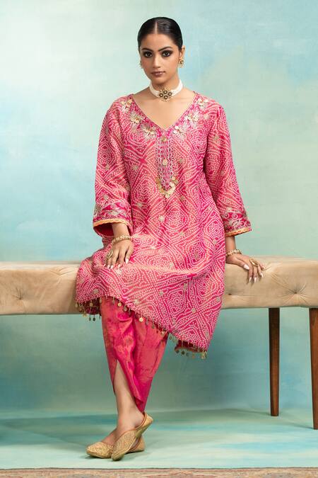 Swati Wadhwani Couture_Purple Tissue, Chanderi Bandhani Dori Work Kurta And Dhoti Set With Dupatta _at_Aza_Fashions