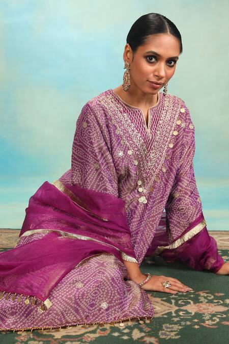 Swati Wadhwani Couture_Fuchsia Tissue, Chanderi Embroidery, Dori Work And Coin Detailing Kurta Set _Online_at_Aza_Fashions