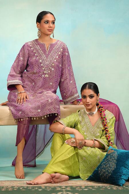 Shop_Swati Wadhwani Couture_Green Tissue, Chanderi Embroidery, Chains Dori Work And Coin Detail Kurta Set _Online_at_Aza_Fashions