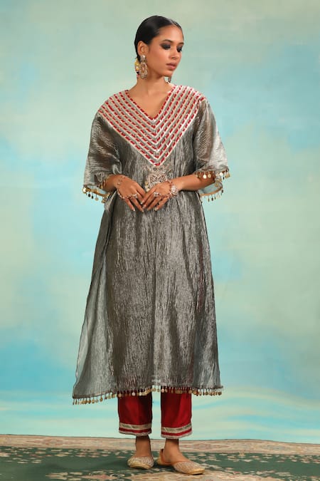 Swati Wadhwani Couture_Gray Tissue, Chanderi Embroidery, Sequins, Crush Kaftan And Contrast Pant Set _Online_at_Aza_Fashions