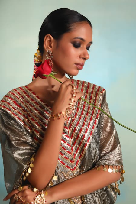 Buy_Swati Wadhwani Couture_Gray Tissue, Chanderi Embroidery, Sequins, Crush Kaftan And Contrast Pant Set _Online_at_Aza_Fashions