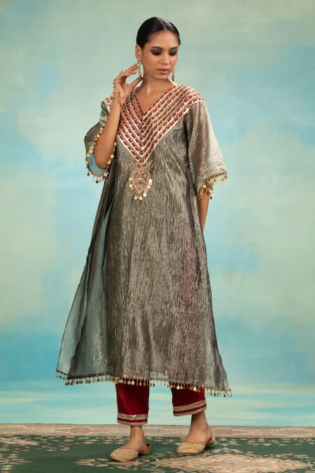 Shop_Swati Wadhwani Couture_Gray Tissue, Chanderi Embroidery, Sequins, Crush Kaftan And Contrast Pant Set _Online_at_Aza_Fashions
