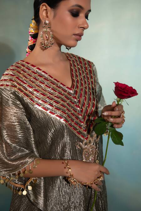 Swati Wadhwani Couture_Gray Tissue, Chanderi Embroidery, Sequins, Crush Kaftan And Contrast Pant Set _at_Aza_Fashions