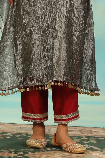 Buy_Swati Wadhwani Couture_Gray Tissue, Chanderi Embroidery, Sequins, Crush Kaftan And Contrast Pant Set 