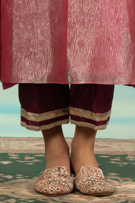 Buy_Swati Wadhwani Couture_Pink Tissue, Chanderi Embroidery, Tassels Square Neck Crush Kaftan And Pant Set _Online_at_Aza_Fashions