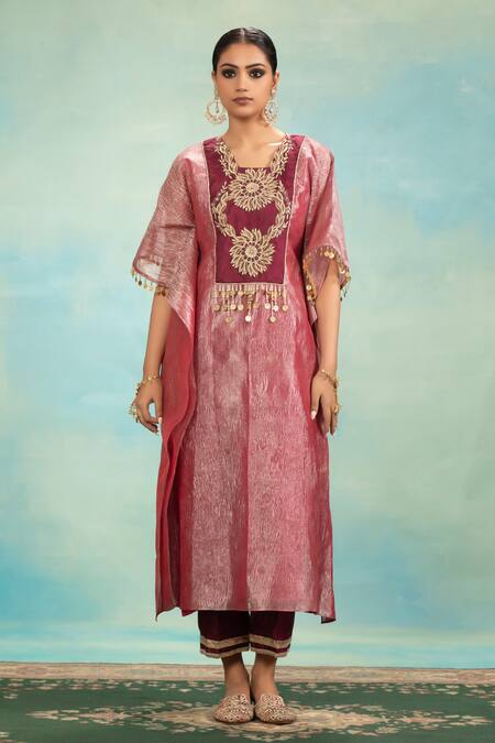 Shop_Swati Wadhwani Couture_Pink Tissue, Chanderi Embroidery, Tassels Square Neck Crush Kaftan And Pant Set _Online_at_Aza_Fashions