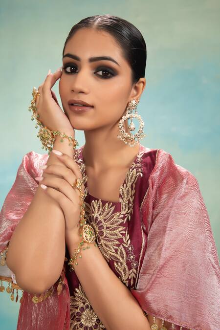 Swati Wadhwani Couture_Pink Tissue, Chanderi Embroidery, Tassels Square Neck Crush Kaftan And Pant Set _at_Aza_Fashions