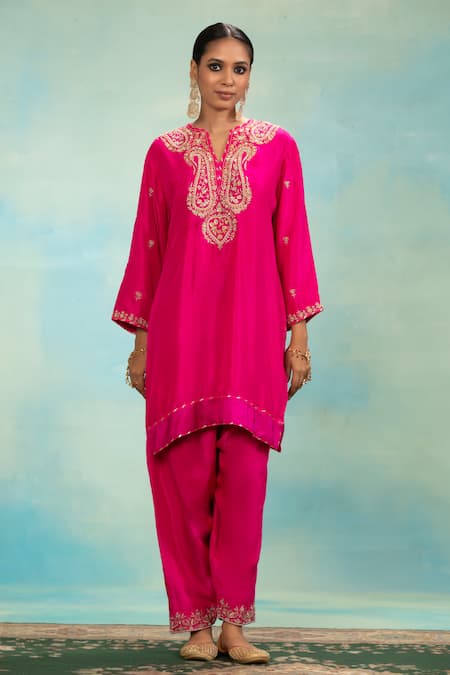 Shop_Swati Wadhwani Couture_Pink Silk, Tissue Zari, Pearls, Embroidery, Pom-poms V-neck And Kurta Dhoti Set _Online_at_Aza_Fashions