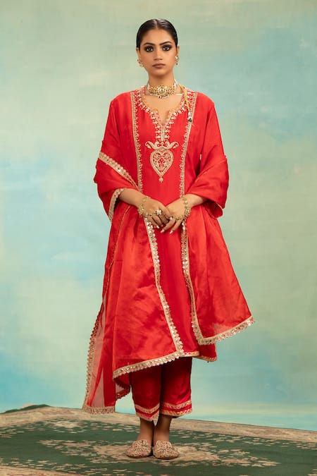 Swati Wadhwani Couture Silk Anarkali Kurta Pant & Organza Dupatta Set 