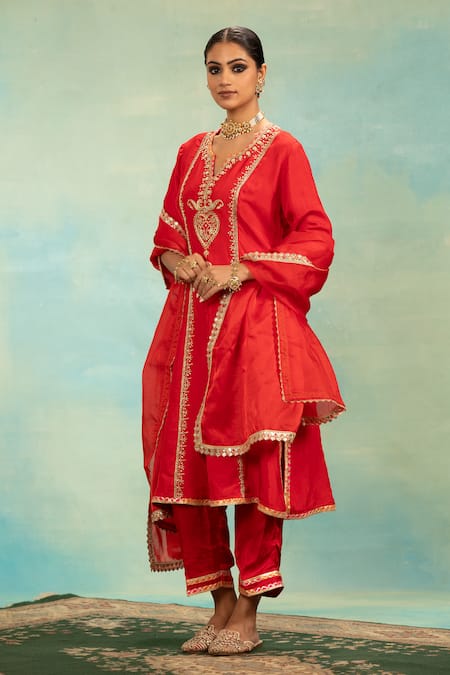 Shop_Swati Wadhwani Couture_Red Silk, Organza Pearls, Sequins, Embroidery Anarkali Kurta Pant And Dupatta Set _Online_at_Aza_Fashions