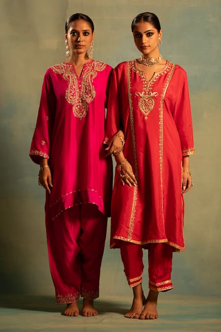 Swati Wadhwani Couture_Red Silk, Organza Pearls, Sequins, Embroidery Anarkali Kurta Pant And Dupatta Set _at_Aza_Fashions