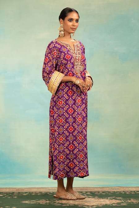 Shop_Swati Wadhwani Couture_Purple Chinon Embroidery V-neck Patola Printed Kaftan With Dabka Work _Online_at_Aza_Fashions