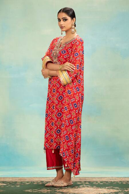 Swati Wadhwani Couture_Red Chinon Embroidery, Tassels, Foil Printing Split Patola Dabka Work Kurta Set _Online_at_Aza_Fashions