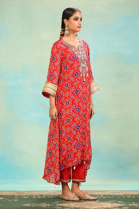 Buy_Swati Wadhwani Couture_Red Chinon Embroidery, Tassels, Foil Printing Split Patola Dabka Work Kurta Set _Online_at_Aza_Fashions