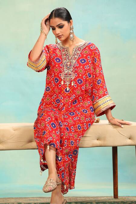 Shop_Swati Wadhwani Couture_Red Chinon Embroidery, Tassels, Foil Printing Split Patola Dabka Work Kurta Set _Online_at_Aza_Fashions