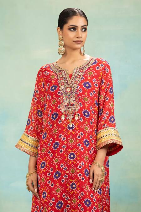Swati Wadhwani Couture_Red Chinon Embroidery, Tassels, Foil Printing Split Patola Dabka Work Kurta Set _at_Aza_Fashions