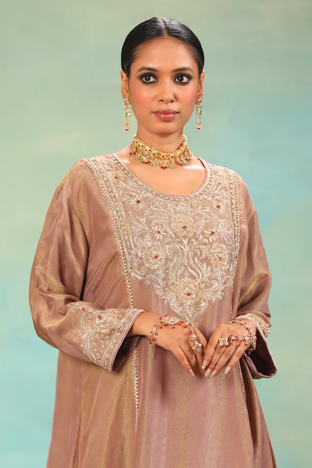 Swati Wadhwani Couture_Rose Gold Chanderi, Organza Embroidery, Zari Round Tissue Dabka And Kurta Set _at_Aza_Fashions