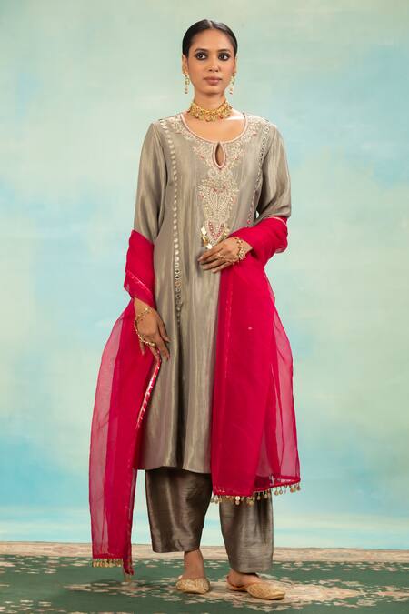 Swati Wadhwani Couture_Green Zari, Mirrors, Embroidery, Tassels Round Tissue Chanderi Dabka Choga Set _Online_at_Aza_Fashions