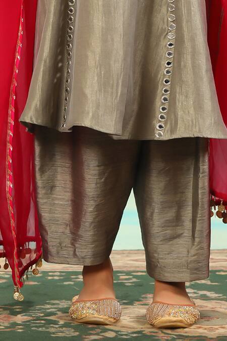 Buy_Swati Wadhwani Couture_Green Zari, Mirrors, Embroidery, Tassels Round Tissue Chanderi Dabka Choga Set _Online_at_Aza_Fashions