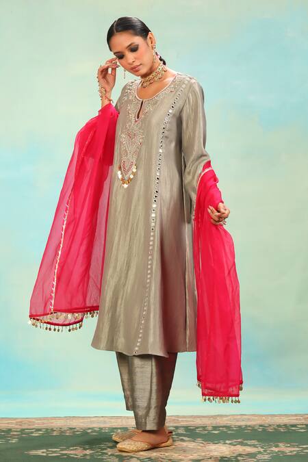 Shop_Swati Wadhwani Couture_Green Zari, Mirrors, Embroidery, Tassels Round Tissue Chanderi Dabka Choga Set _Online_at_Aza_Fashions