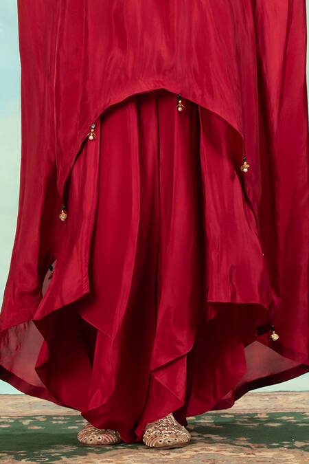 Buy_Swati Wadhwani Couture_Red Silk, Crepe Zari, Pearls, Tassels And Embroidered Kaftan Dhoti Skirt Set _Online_at_Aza_Fashions