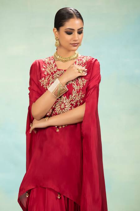 Shop_Swati Wadhwani Couture_Red Silk, Crepe Zari, Pearls, Tassels And Embroidered Kaftan Dhoti Skirt Set _Online_at_Aza_Fashions