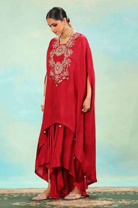 Buy_Swati Wadhwani Couture_Red Silk, Crepe Zari, Pearls, Tassels And Embroidered Kaftan Dhoti Skirt Set 