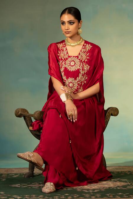 Shop_Swati Wadhwani Couture_Red Silk, Crepe Zari, Pearls, Tassels And Embroidered Kaftan Dhoti Skirt Set 