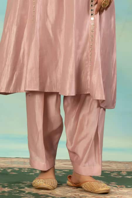 Buy_Swati Wadhwani Couture_Pink Tissue Embroidery, Mirrors Split V-neck Dabka And Zari Choga Salwar Set _Online_at_Aza_Fashions