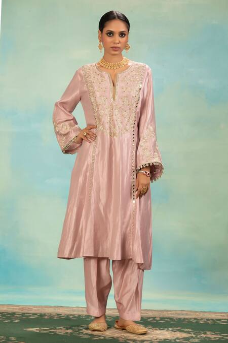 Shop_Swati Wadhwani Couture_Pink Tissue Embroidery, Mirrors Split V-neck Dabka And Zari Choga Salwar Set _Online_at_Aza_Fashions