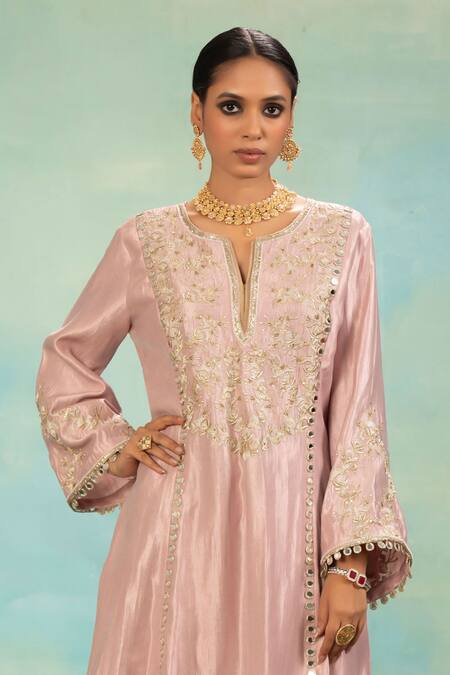 Swati Wadhwani Couture_Pink Tissue Embroidery, Mirrors Split V-neck Dabka And Zari Choga Salwar Set _at_Aza_Fashions