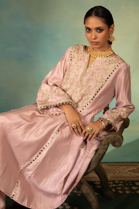 Shop_Swati Wadhwani Couture_Pink Tissue Embroidery, Mirrors Split V-neck Dabka And Zari Choga Salwar Set 