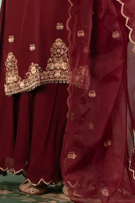 Swati Wadhwani Couture_Wine Crepe, Organza Embroidery, Pearls V-neck Thread And Kurta Sharara Set _Online_at_Aza_Fashions