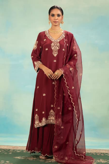 Swati Wadhwani Couture Thread & Pearl Embroidered Kurta Sharara Set 