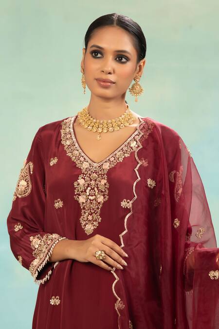Shop_Swati Wadhwani Couture_Wine Crepe, Organza Embroidery, Pearls V-neck Thread And Kurta Sharara Set _Online_at_Aza_Fashions