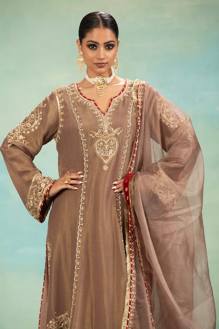 Buy_Swati Wadhwani Couture_Gold Tissue, Chanderi Embroidery, Zari V-neck Dabka Work Choga Set With Dupatta _Online_at_Aza_Fashions