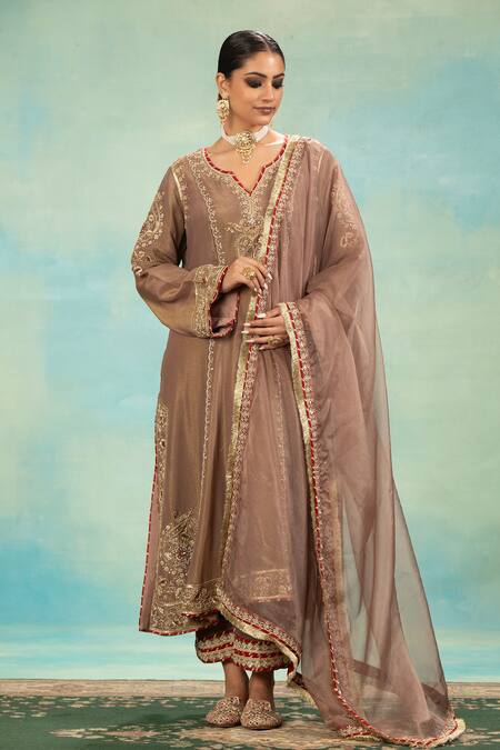 Shop_Swati Wadhwani Couture_Gold Tissue, Chanderi Embroidery, Zari V-neck Dabka Work Choga Set With Dupatta _Online_at_Aza_Fashions