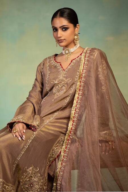 Swati Wadhwani Couture_Gold Tissue, Chanderi Embroidery, Zari V-neck Dabka Work Choga Set With Dupatta _at_Aza_Fashions