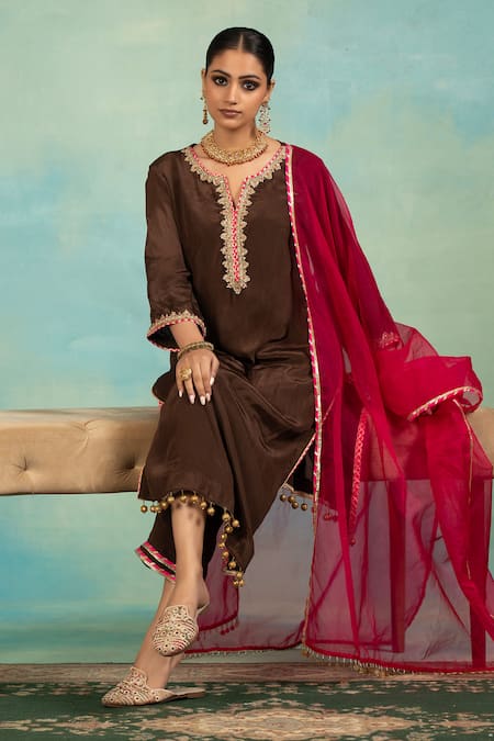 Buy_Swati Wadhwani Couture_Brown Crepe, Organza Zari, Pearls, Embroidery, Tassels V-neck And Work Kurta Set _Online_at_Aza_Fashions