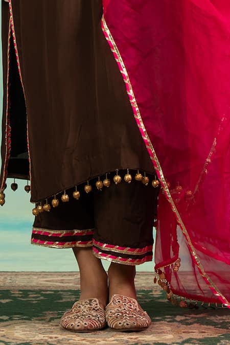 Shop_Swati Wadhwani Couture_Brown Crepe, Organza Zari, Pearls, Embroidery, Tassels V-neck And Work Kurta Set _Online_at_Aza_Fashions