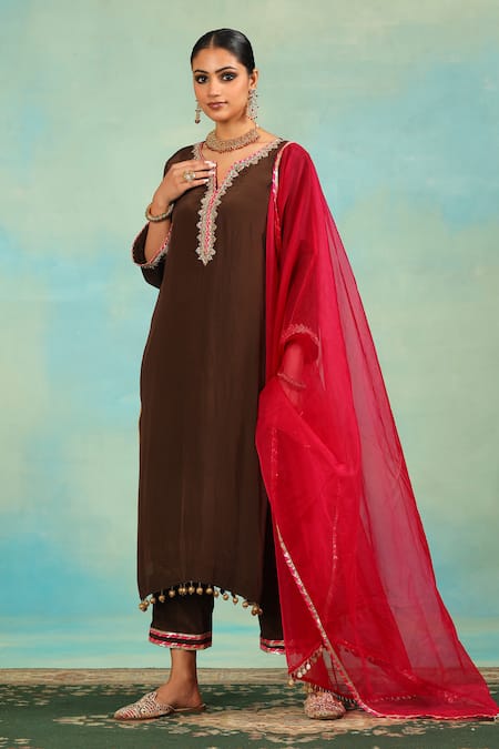 Swati Wadhwani Couture_Brown Crepe, Organza Zari, Pearls, Embroidery, Tassels V-neck And Work Kurta Set _at_Aza_Fashions