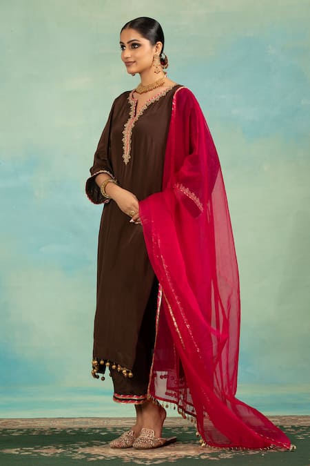 Shop_Swati Wadhwani Couture_Brown Crepe, Organza Zari, Pearls, Embroidery, Tassels V-neck And Work Kurta Set 