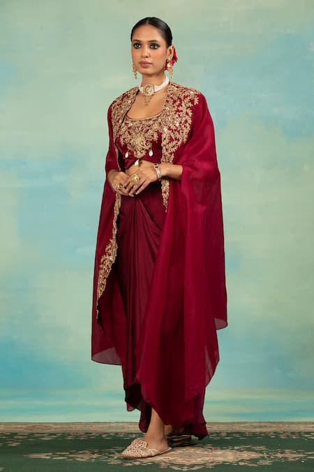 Buy_Swati Wadhwani Couture_Wine Crepe Embroidery, Beads Open Neck, Dori And Cutdana Cape Blouse Dhoti Set _Online_at_Aza_Fashions