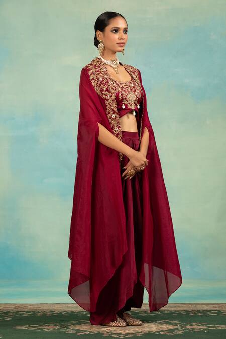 Shop_Swati Wadhwani Couture_Wine Crepe Embroidery, Beads Open Neck, Dori And Cutdana Cape Blouse Dhoti Set _Online_at_Aza_Fashions